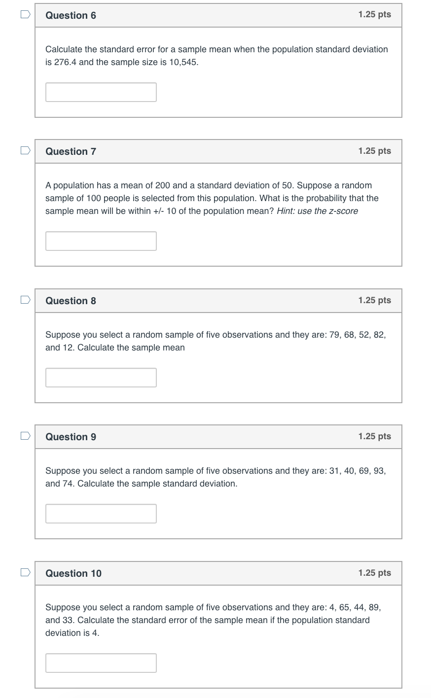 Solved Question 6 1.25 pts Calculate the standard error for | Chegg.com