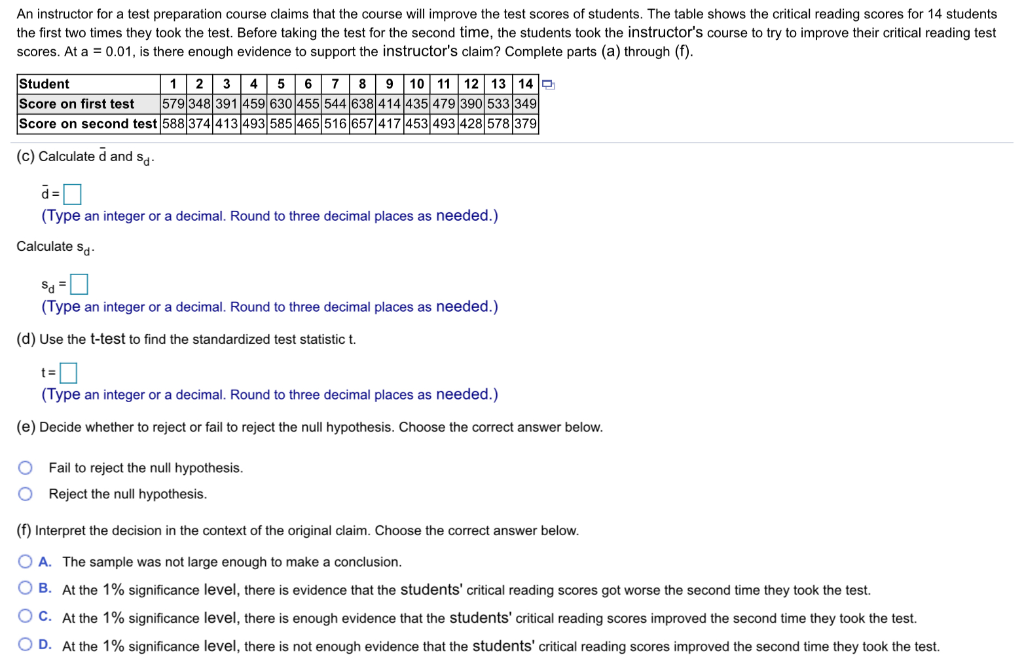 Solved An instructor for a test preparation course claims | Chegg.com