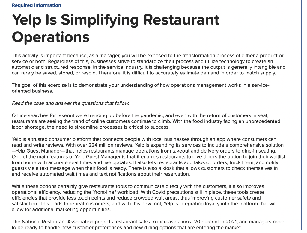 Solved Required information Yelp Is Simplifying Restaurant | Chegg.com