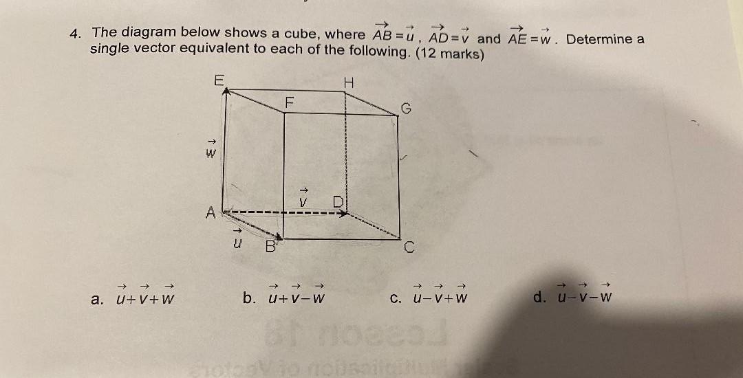 Solved 4. The Diagram Below Shows A Cube, Where AB=u,AD=v | Chegg.com