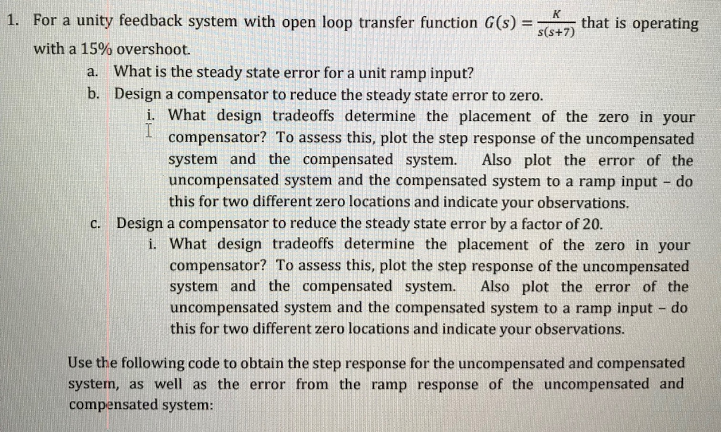 1. For a unity feedback system with open loop | Chegg.com