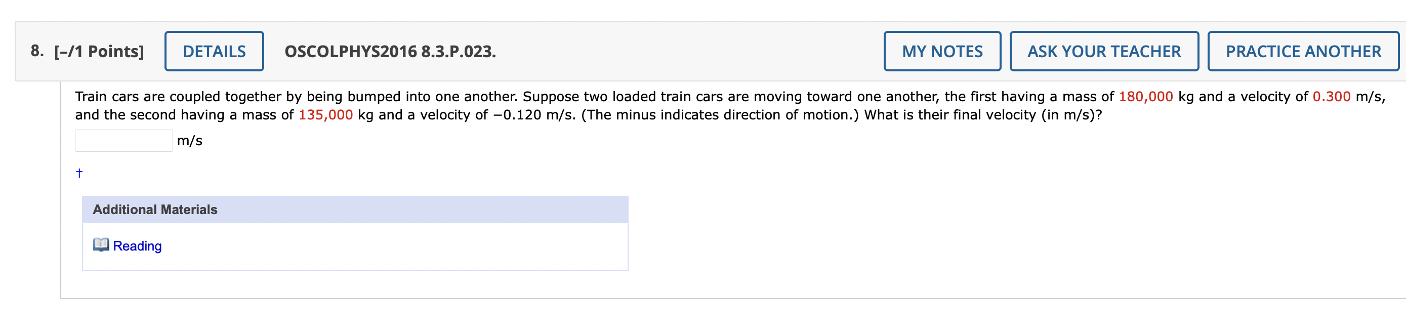 Solved 8 [ 1 Points] Details Oscolphys2016 8 3 P 023 My