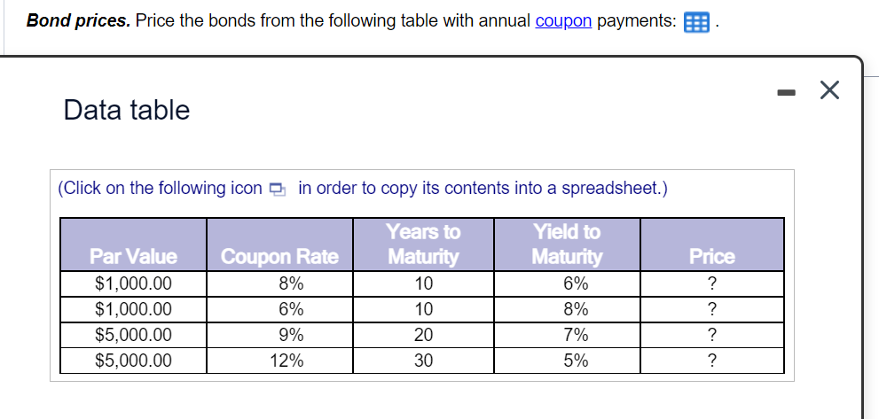 Solved Bond prices. Price the bonds from the following table | Chegg.com