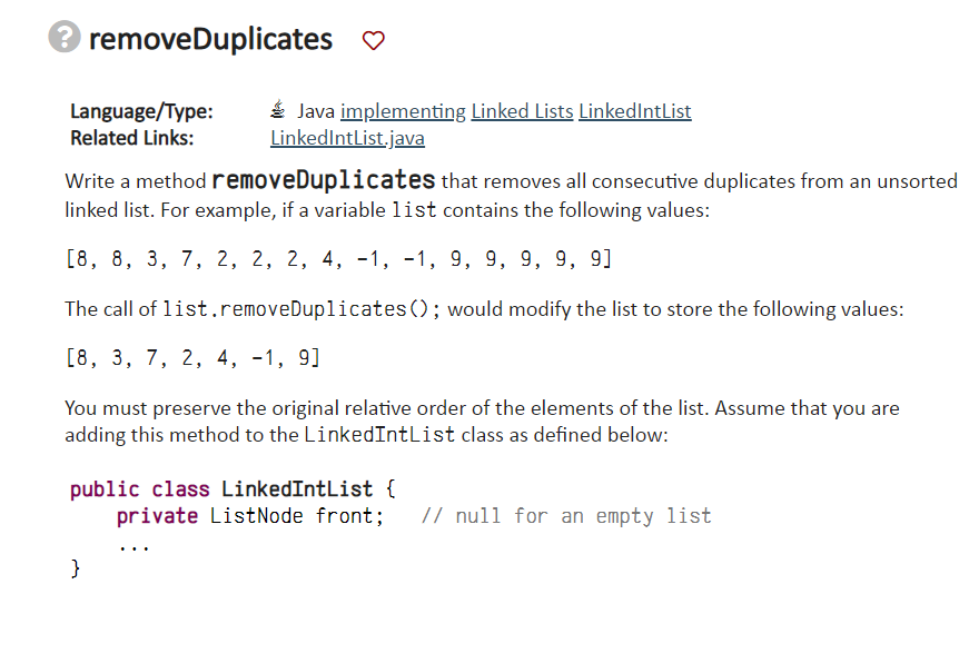 Solved removeDuplicates ♡ Language/Type: Java implementing | Chegg.com