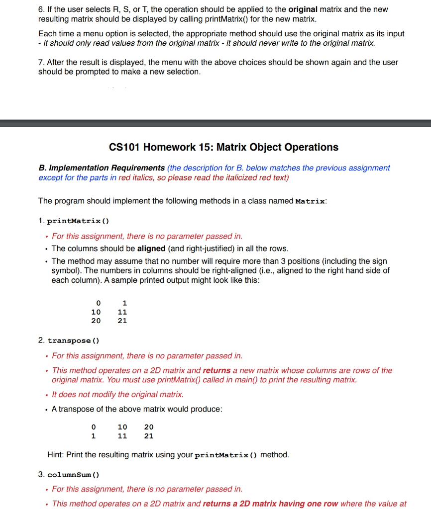 Solved CS101 Homework 15: Matrix Object Operations In this | Chegg.com