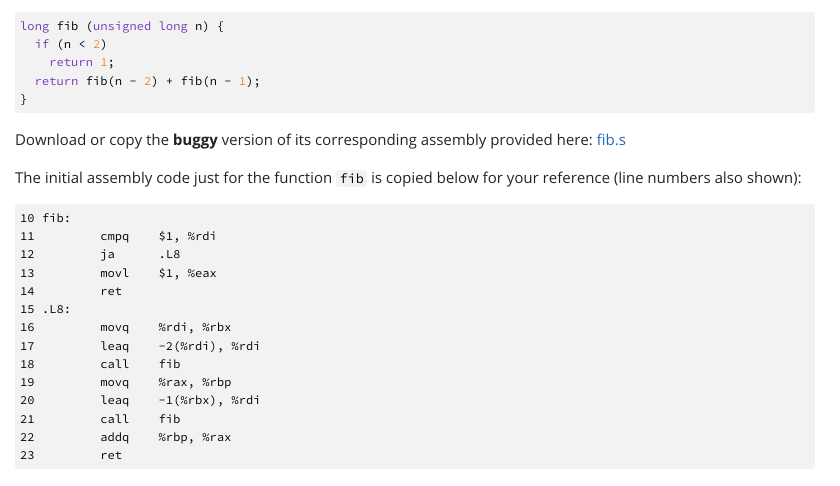 Trace through the assembly code for fib and mark | Chegg.com