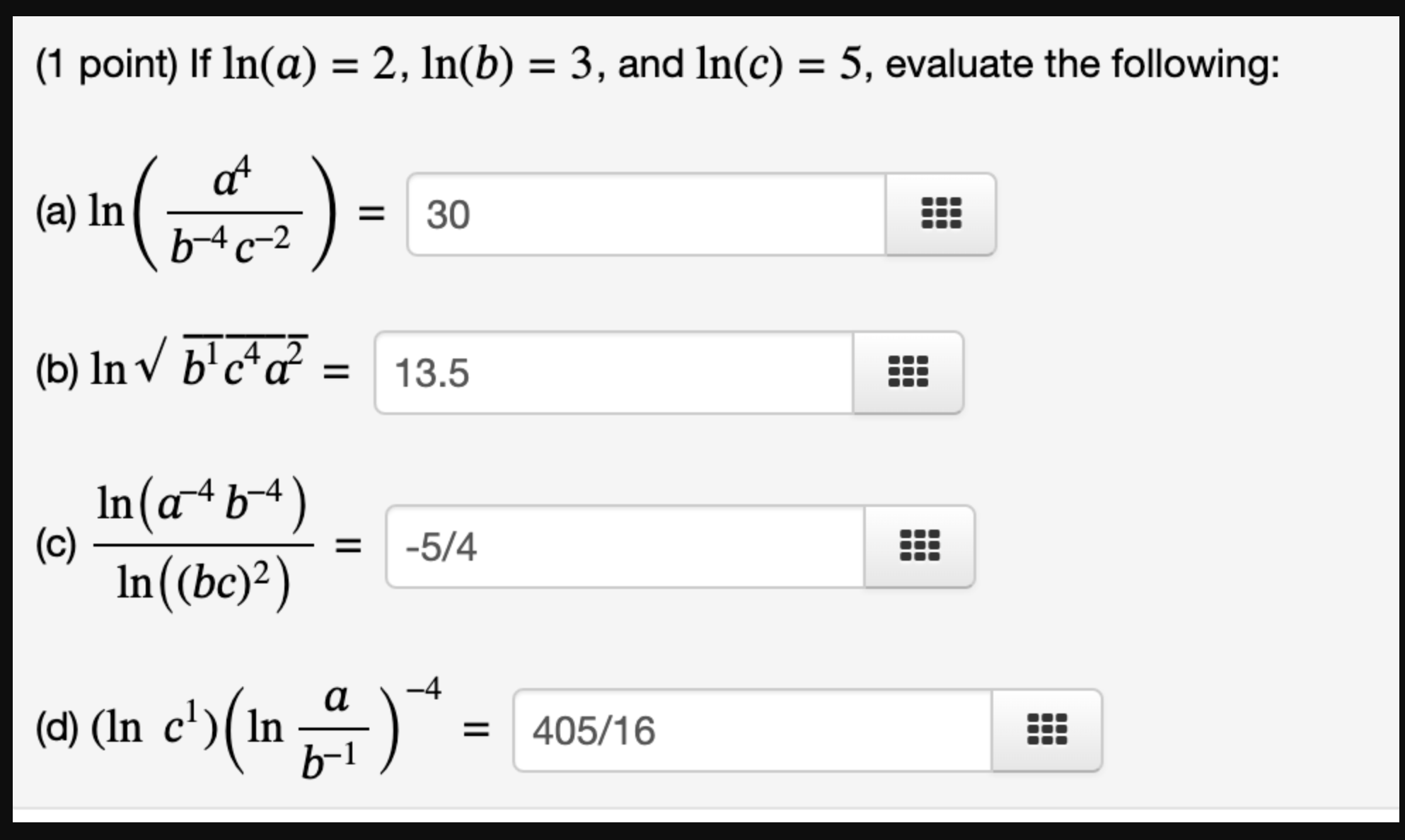 Solved (1 ﻿point) If ln(a)=2,ln(b)=3, ﻿and ln(c)=5, — free download
