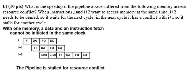 b) (10 pts) What is the speedup if the pipeline above suffered from the following memory access resource conflict? When instr