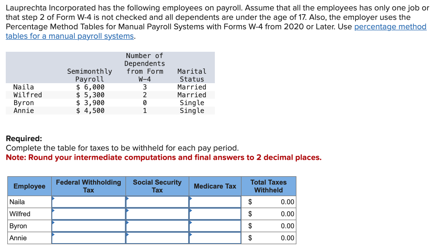 Lauprechta Incorporated has the following employees