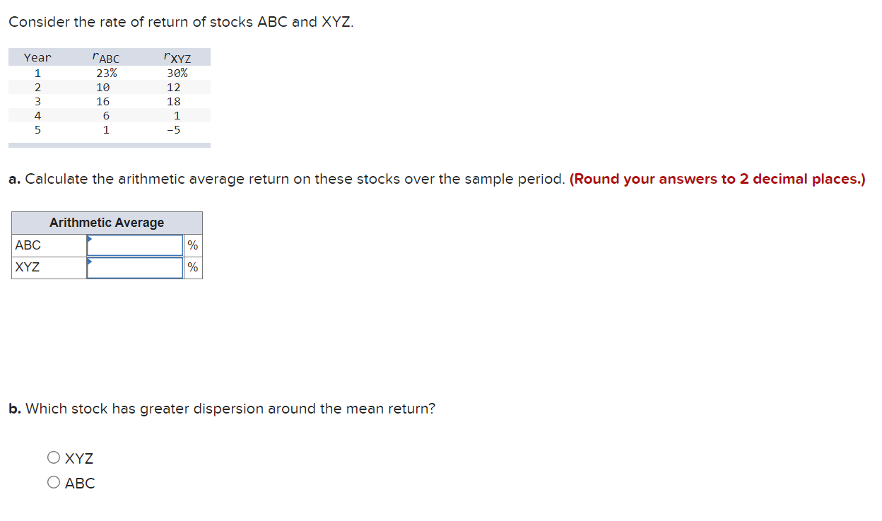 Consider the rate of return of stocks \( A B C \) and \( X Y Z \).
a. Calculate the arithmetic average return on these stocks