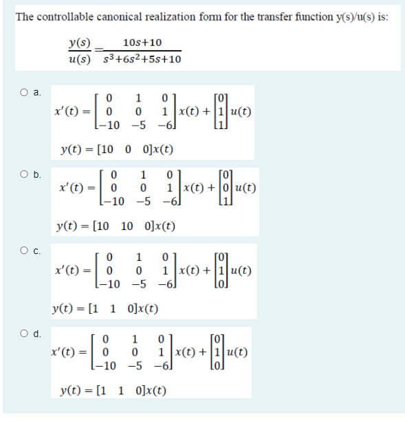 Solved The controllable canonical realization form for the | Chegg.com