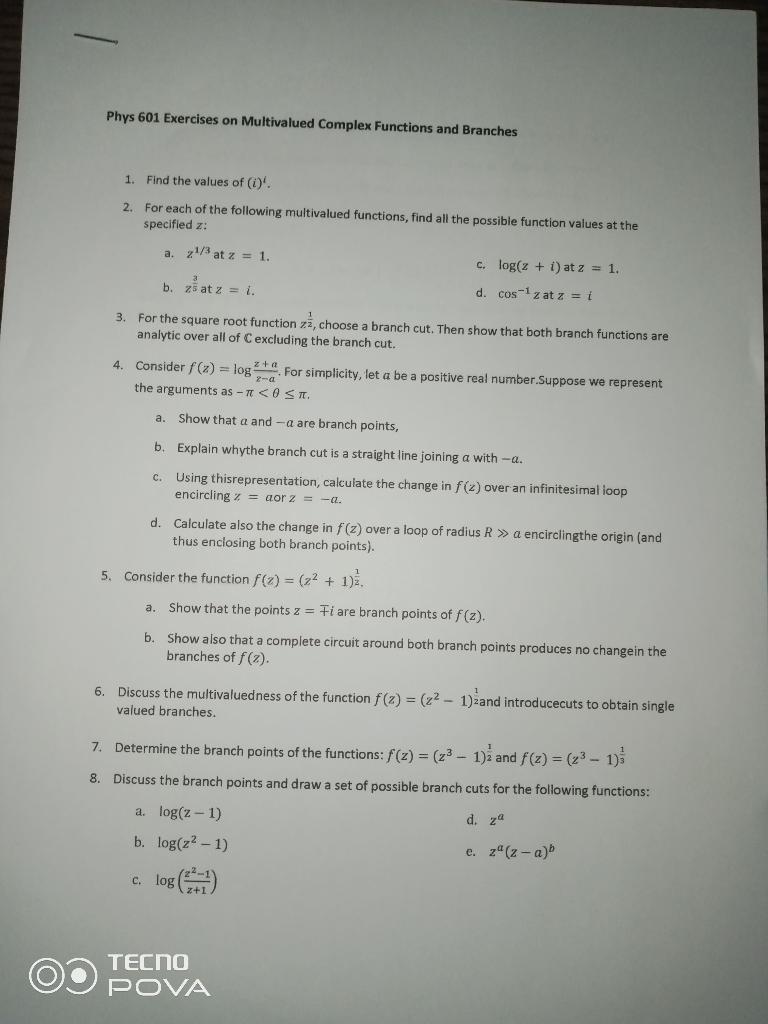 Solved Phys 601 Exercises on Multivalued Complex Functions | Chegg.com