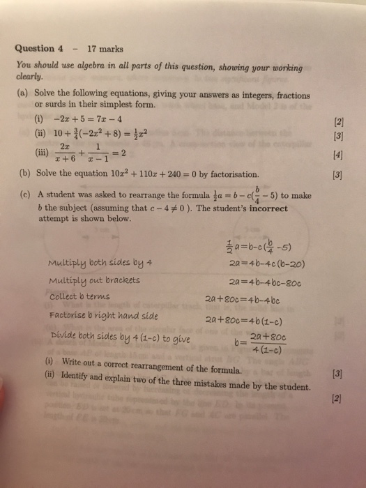 Solved Question 417 marks You should use algebra in all | Chegg.com
