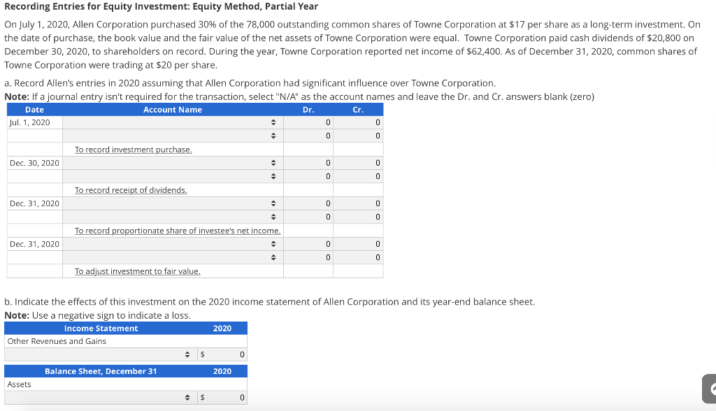 Solved Recording Entries For Equity Investment: Equity | Chegg.com