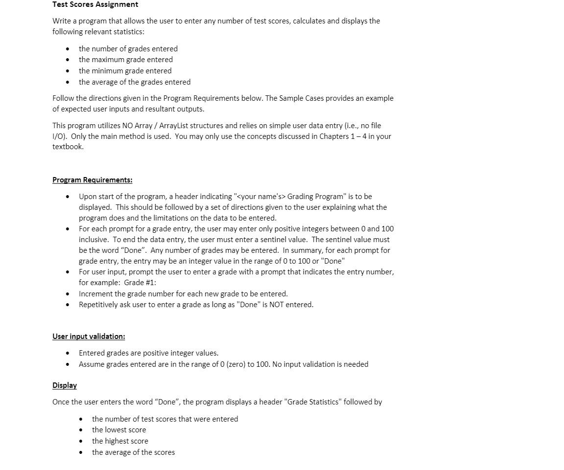 Solved Test Scores Assignment Write a program that allows | Chegg.com