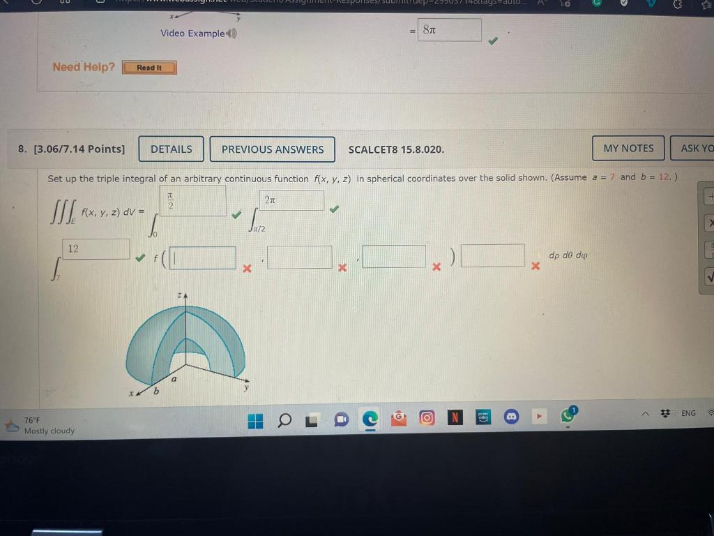 Set up the triple integral of an arbitrary continuous function \( f(x, y, z) \) in spherical coordinates over the solid shown