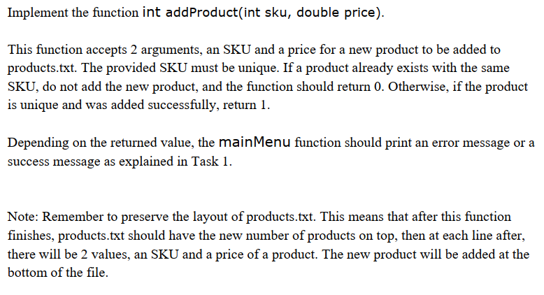 Solved Implement the function int addProduct(int sku, double | Chegg.com