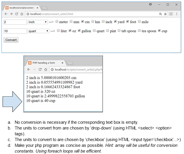 Solved 2. Write a html form 'convert_units2.php and a php | Chegg.com