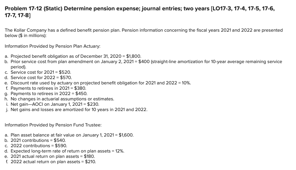 Solved Problem 17-12 (Static) Determine Pension Expense; | Chegg.com