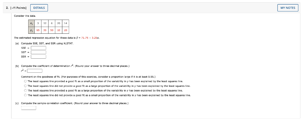 Solved 2. (-/1 Points) DETAILS MY NOTES Consider the data. 3 | Chegg.com