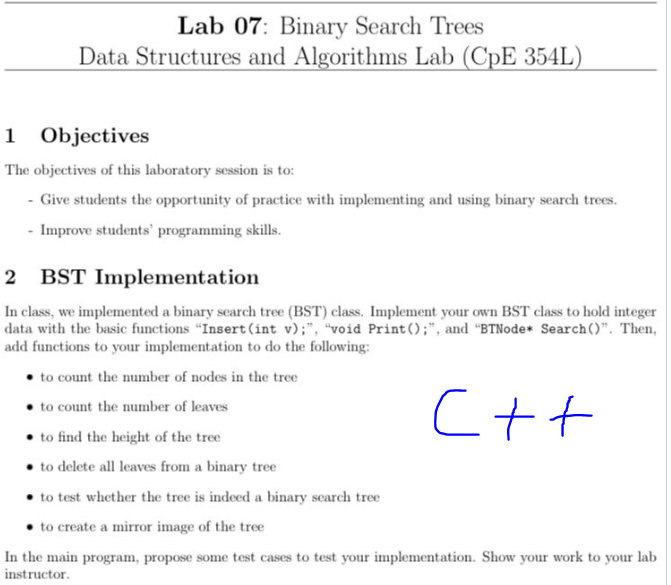 Solved Lab 07: Binary Search Trees Data Structures and | Chegg.com image.