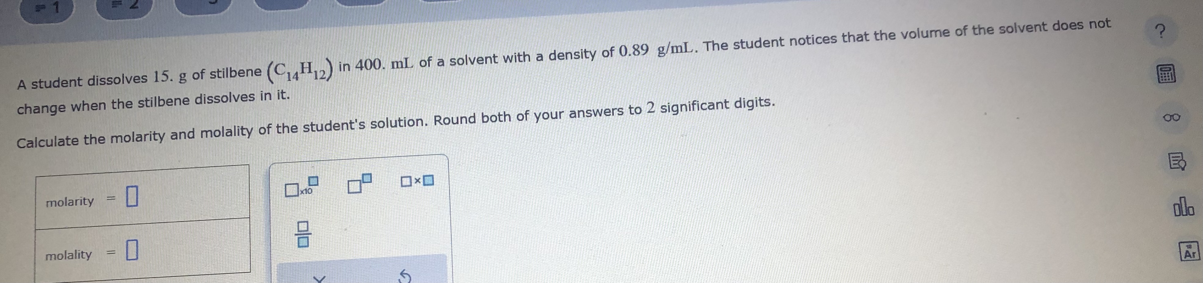 Solved A student dissolves 15. g of stilbene (C14H12) in | Chegg.com