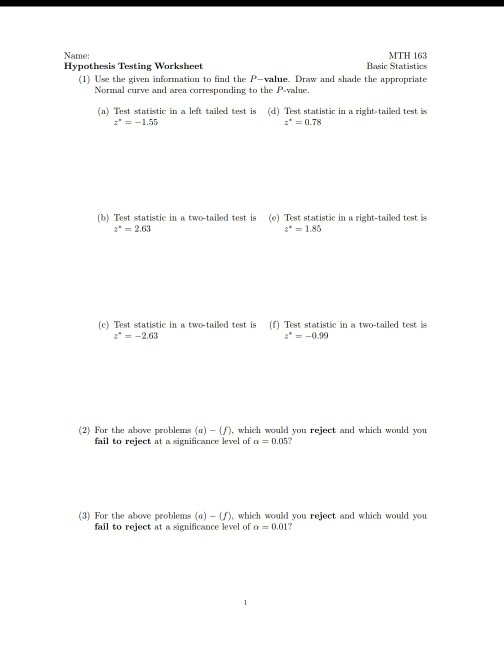Solved Name Hypothesis Testing Worksheet MTH 163 Basic