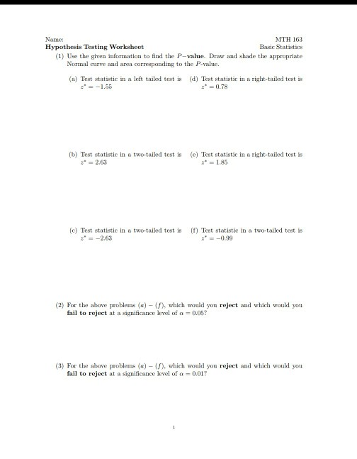 Solved Name: Hypothesis Testing Worksheet MTH 163 Basic | Chegg.com