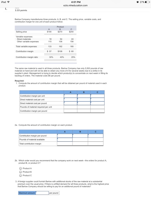 Solved Barlow Company manufactures three products A, B, and