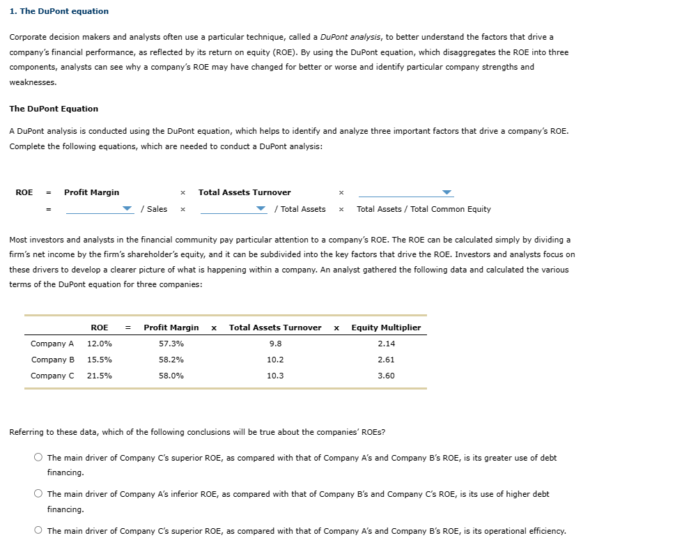 Solved 1. The DuPont equation Corporate decision makers and | Chegg.com