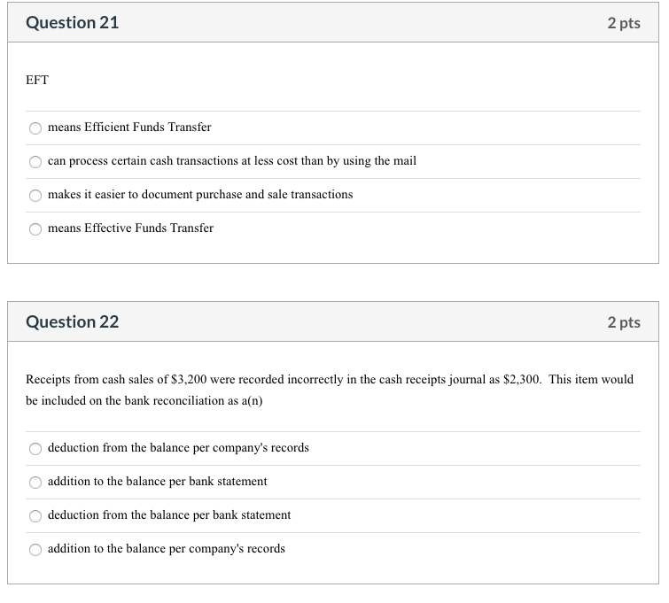 Question 21 2 Pts Eft Means Efficient Funds Transfer Chegg 