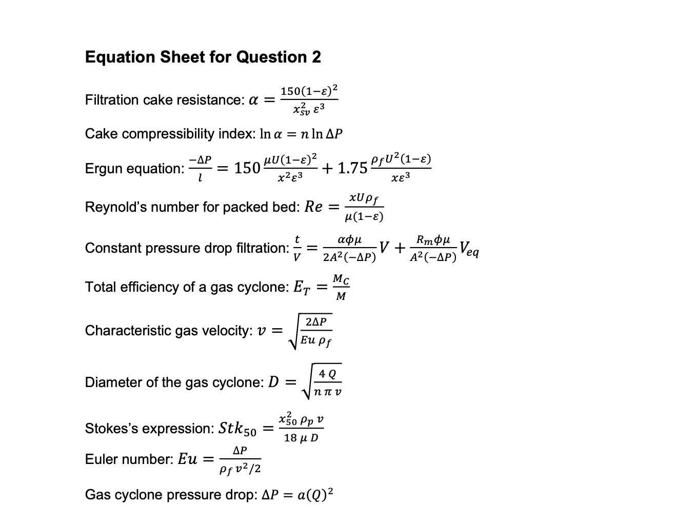 Equation Sheet for Question 2 Filtration cake