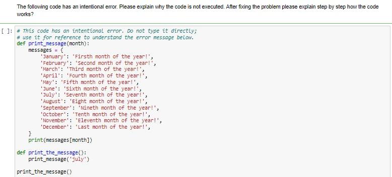 Solved The following code has an intentional error. Please | Chegg.com