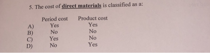 Solved 5. The Cost Of Direct Materials Is Classified As A: | Chegg.com