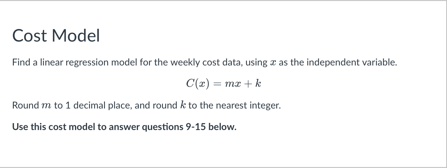 Find a linear regression model for the weekly cost | Chegg.com