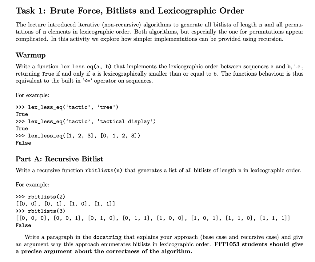 Task 1: Brute Force, Bitlists and Lexicographic Order | Chegg.com