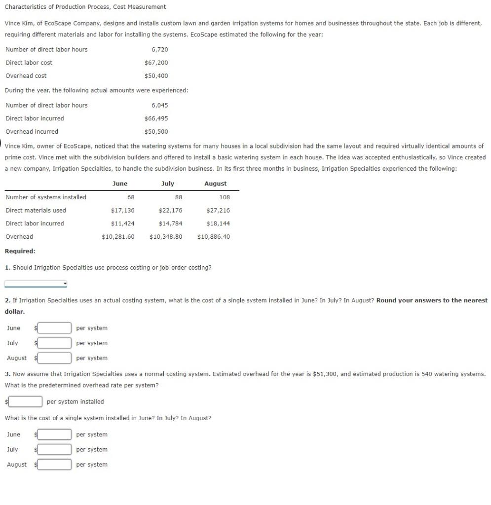 Solved Characteristics of Production Process, Cost | Chegg.com