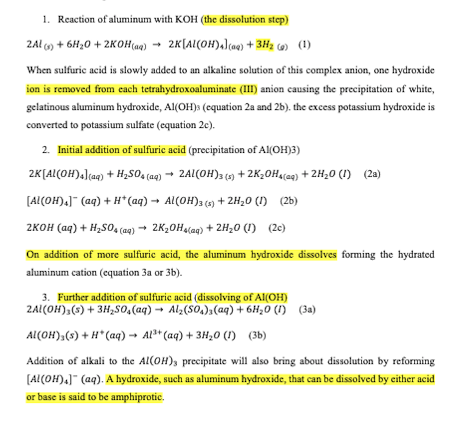 Solved 1. Reaction of aluminum with KOH (the dissolution | Chegg.com