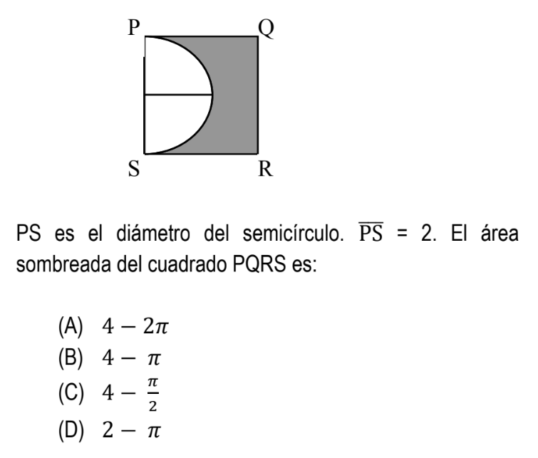 PS es el diámetro del semicírculo. \( \overline{\mathrm{PS}}=2 \). El área sombreada del cuadrado PQRS es: (A) \( 4-2 \pi \)