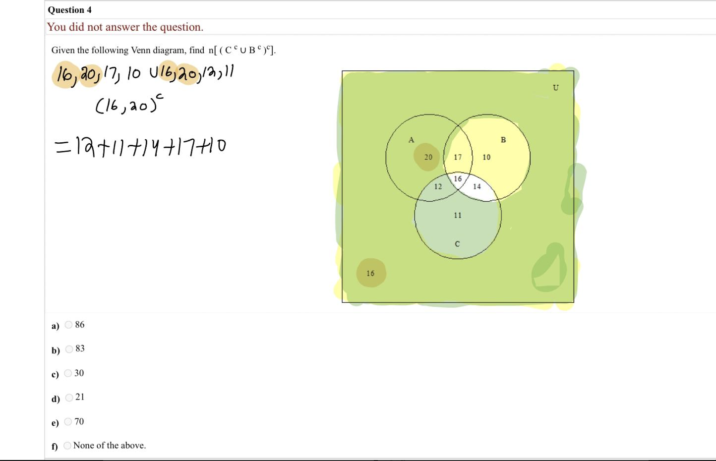 Solved Given The Following Venn Diagram, Find N[(Cc∪Bc)c]. | Chegg.com