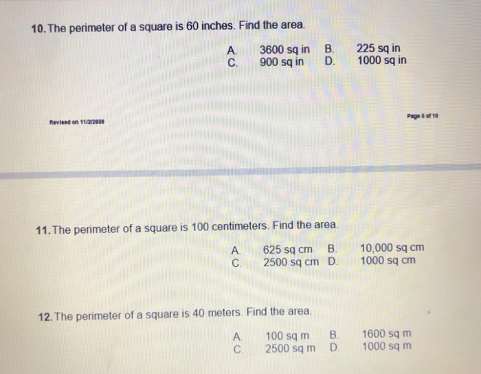 Solved 10 the perimeter of a square is 60 inches find the chegg