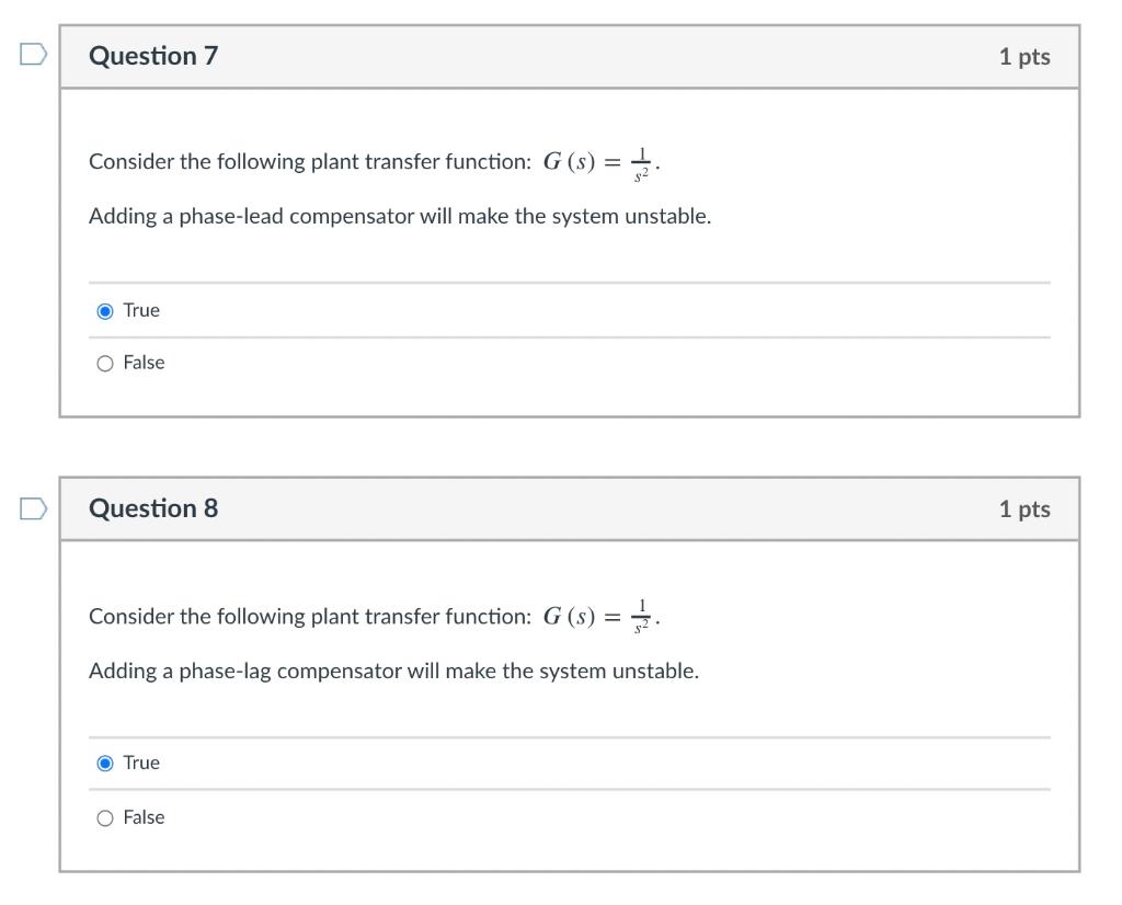 Solved Question 7 1 pts Consider the following plant | Chegg.com