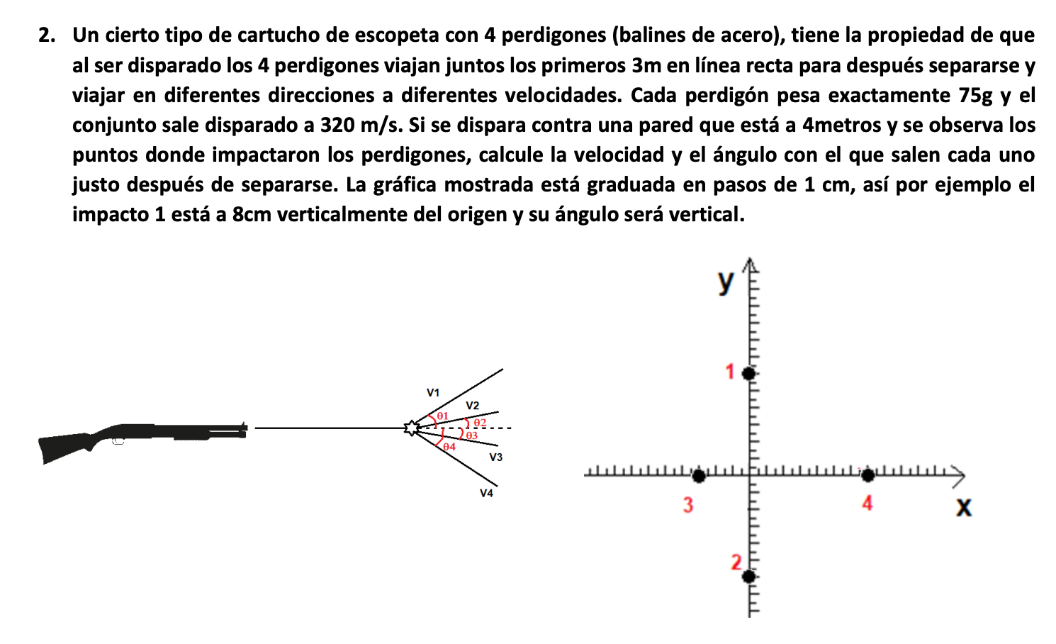 2. Un cierto tipo de cartucho de escopeta con 4 perdigones (balines de acero), tiene la propiedad de que al ser disparado los