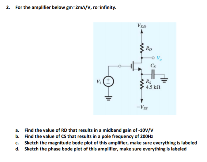 Solved 2. For the amplifier below gm=2mA/V, ro-infinity. VDD | Chegg.com