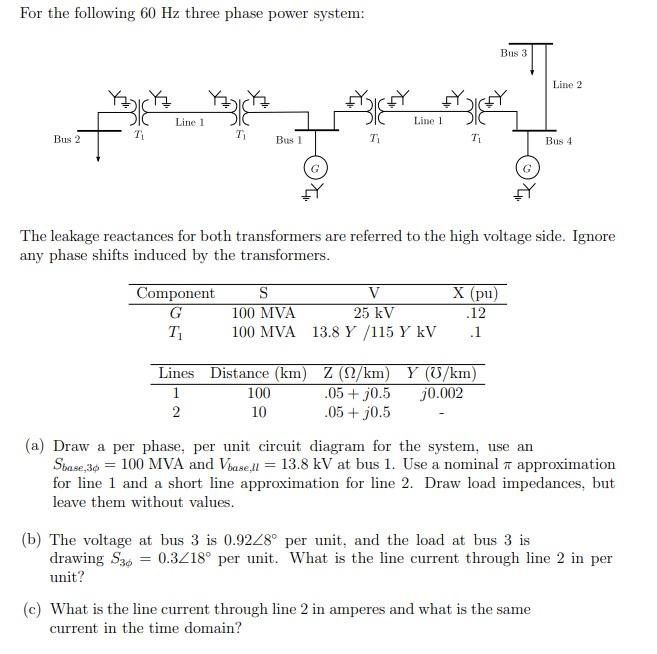 Solved For the following 60 Hz three phase power system: Bus | Chegg.com