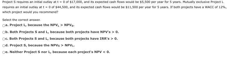 Solved Project S requires an initial outlay at t = 0 of | Chegg.com