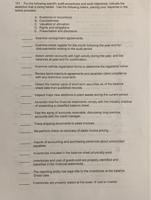 Solved 151. For the following specific audit procedures and | Chegg.com