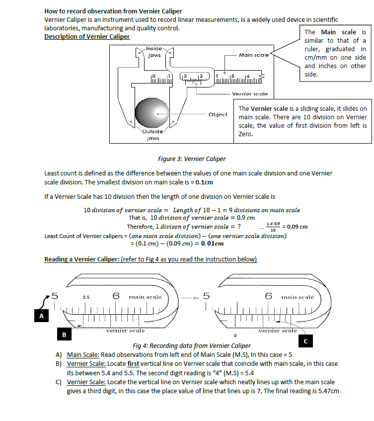 How to record observation from Vernier Caliper