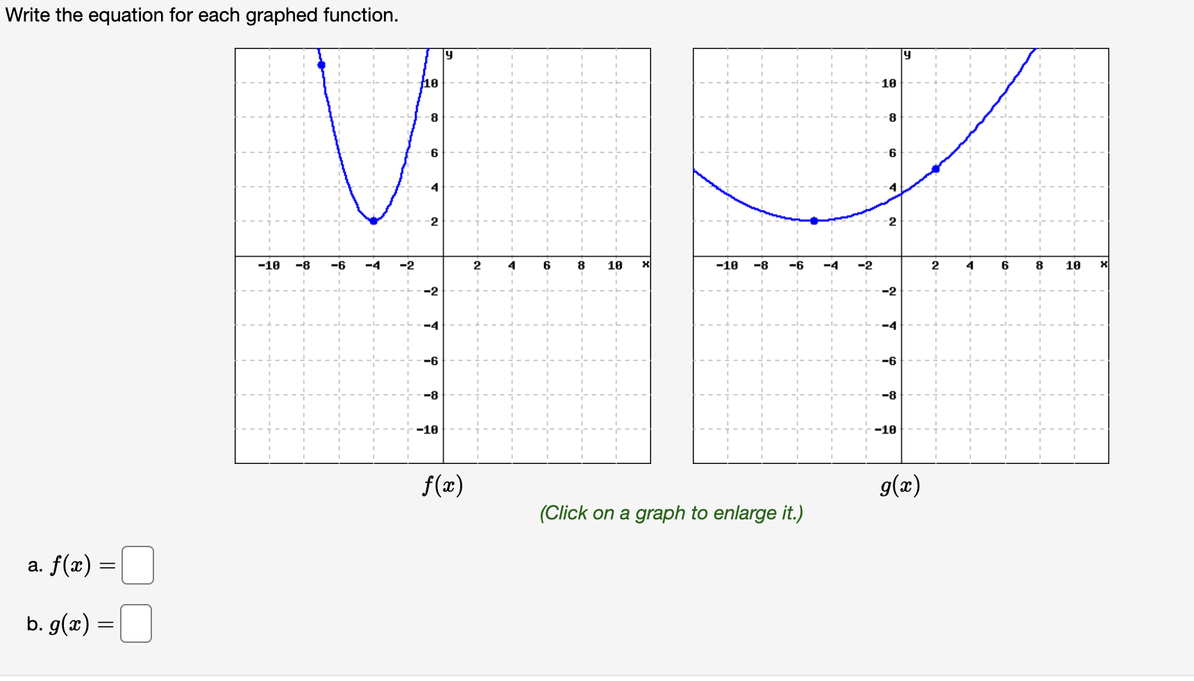 Write the equation for each graphed function.
-10 -8
a. f(x) =
=
b. g(x) =
-6 -4
-2
110
8
6
A
T
co
-10
f(x)
2
4
6
8
10
4
10
-