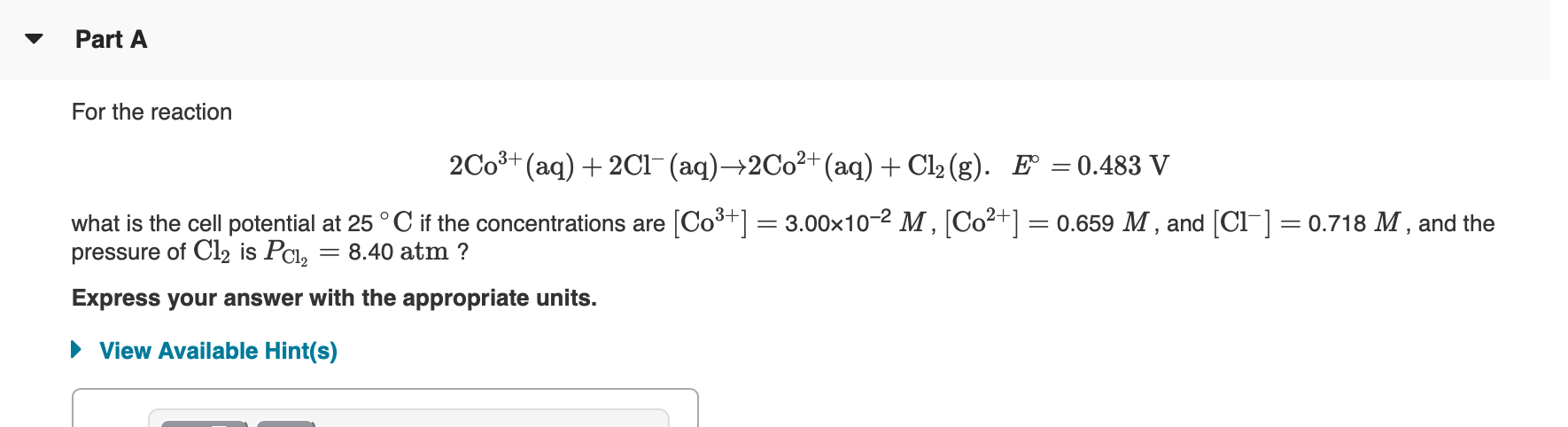 Solved Part A For the reaction 2C03+ (aq) + 2C1- (aq)+2Co2+ | Chegg.com